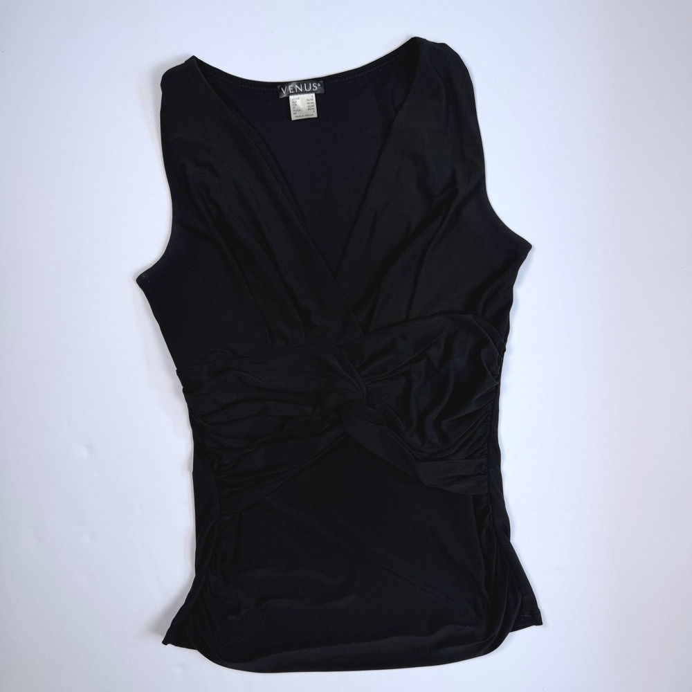 Venus Minimalist Chic Womens Sleeveless Twist Front V-Neck Top Black Polyester
